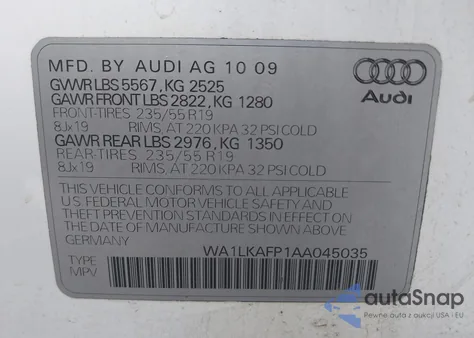 2010 Audi Q5 3.2 Premium from USA, damaged, VIN WA1LKAFP1AA045035